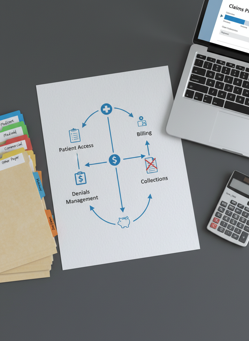 An overhead view of a meticulously organized revenue cycle workflow diagram printed on heavy, matte white paper, spread neatly across a charcoal-gray desk. The diagram shows clearly labeled phases like patient access, coding, billing, denials management, and collections, connected by precise arrows and minimalist icons. Beside it lies an open silver laptop displaying a simplified claims pipeline visualization, along with a slim calculator and a stack of color-tabbed folders labeled with payer categories. Diffused, cool studio lighting eliminates harsh shadows and highlights fine text details, creating a calm, methodical atmosphere. Photographic realism, top-down composition with sharp focus from edge to edge, evoking a clean, strategic planning session in a professional RCM environment, completely without people.