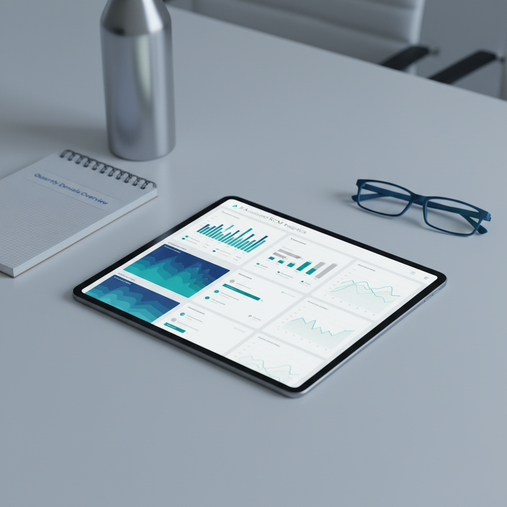 A close-up of a sleek tablet lying on a matte white conference table, displaying an AI-assisted healthcare RCM analytics interface. The screen shows denial trend heatmaps, payer performance scorecards, and predictive cash flow graphs rendered in sophisticated shades of blue, emerald, and soft gray. Around the tablet are neatly aligned items: a spiral-bound report labeled “Quarterly Denials Overview,” a stainless-steel water bottle, and a pair of rectangular blue-light glasses folded closed. Cool, directional overhead lighting creates subtle reflections along the tablet’s glass edge and emphasizes the vivid luminosity of the screen. Photographic realism, shot from a slightly elevated three-quarter angle with a shallow depth of field so the interface is razor sharp while the table edges gently blur, conveying a forward-looking, data-driven, and professional mood without depicting any people.